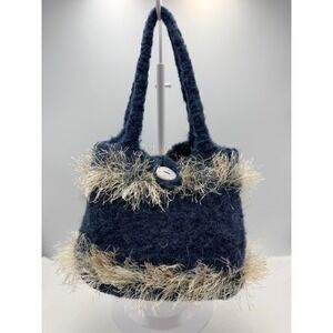 Hand Felted Alpaca Handbag Bag Women's Small Blue Excellent Shaggy Fringe Trim